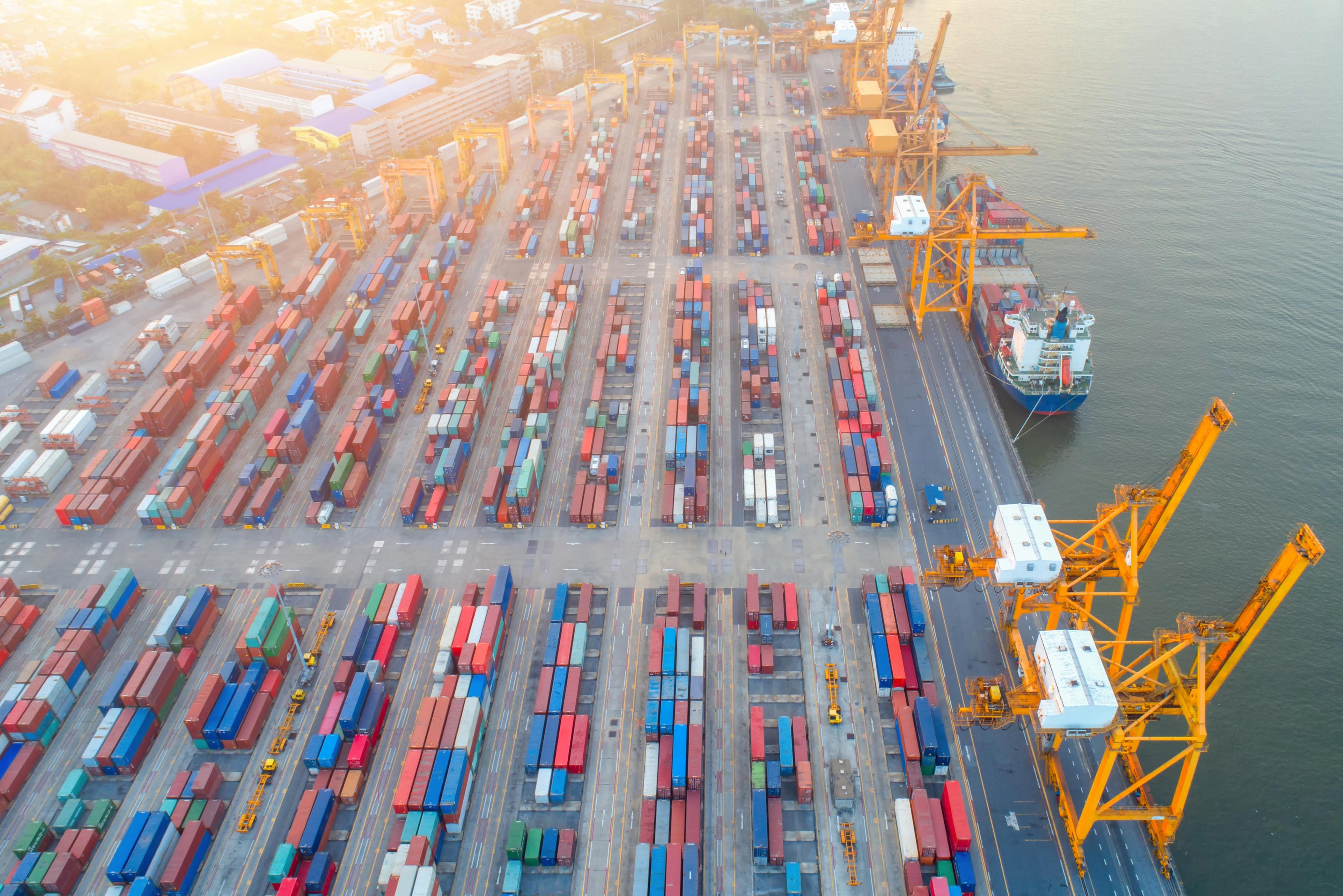 A bustling container port secured by Thales HorusShield, exemplifying cutting-edge anti-drone technology for safeguarding critical infrastructure